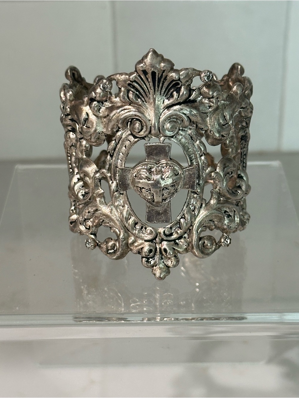 Virgins Saints & Angels Heart & Cross Filigree Cuff Bracelet - Sterling silver